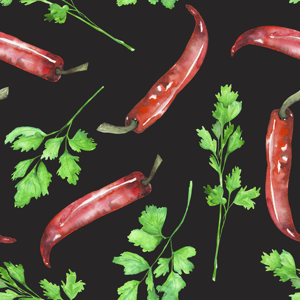 Um padrão sem costura com a salsa isolada e pimentas vermelhas
 - Foto, Imagem