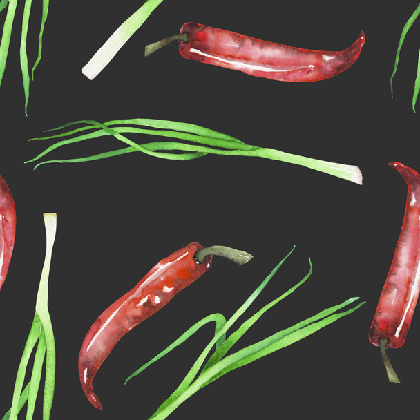 A seamless pattern with the isolated green onion and red chili peppers - Photo, Image