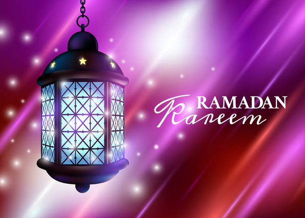 Рамадан ліхтар або Fanous з вогнями і Рамадан Карім привітання в барвистий нічний фон. 3D реалістична Векторна ілюстрація - Вектор, зображення