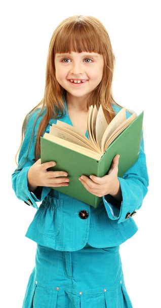 Cute little girl reading a book isolated on white - Foto, Imagen