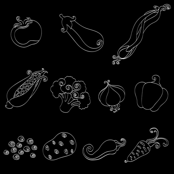 Symbolset Gemüse Tomaten, Mais, Auberginen, Zwiebeln, Erbsen, Kartoffeln, Knoblauch, Karotten, Chili, Brokkoli lustiges Bild, Objekte für Speisekarten, Illustrationen und Hefte, weiße Linien auf einem schwarzen, Umkehrvektor - Vektor, Bild