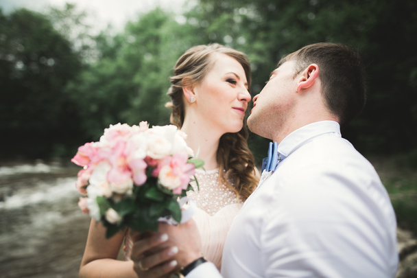 elegante sanfte stilvolle Bräutigam und Braut in Flussnähe mit Steinen. Hochzeitspaar verliebt - Foto, Bild