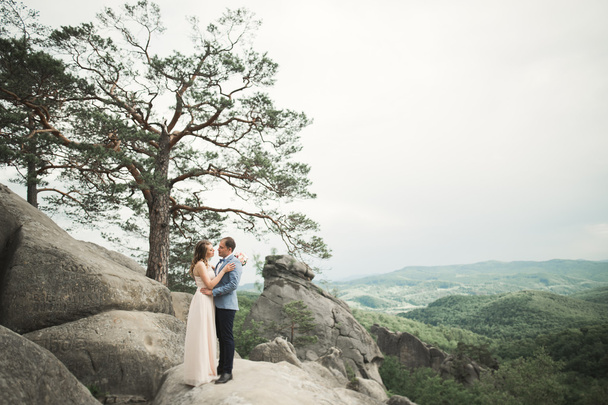 Gorgeous bride, groom kissing and hugging near the cliffs with stunning views - Фото, зображення