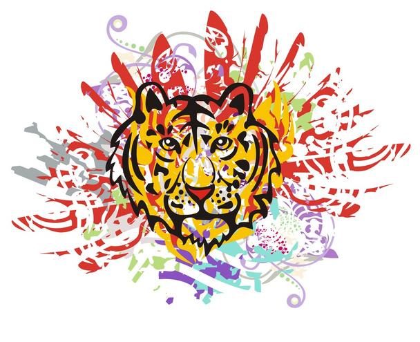 Grunge κεφάλι τίγρης με κόκκινα φτερά - Διάνυσμα, εικόνα