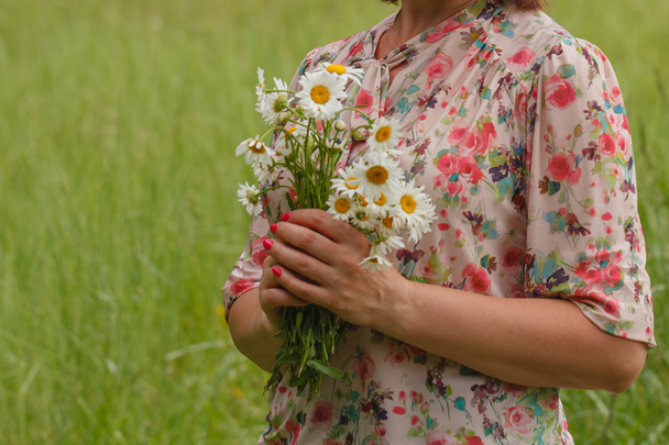 Woman's hand with a camomile on sunny summer day - Фото, изображение