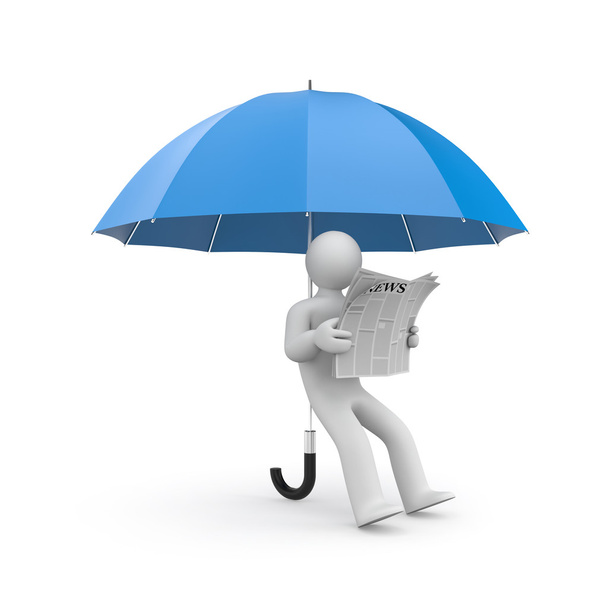 Person reads newspaper huddled under umbrella - Foto, imagen