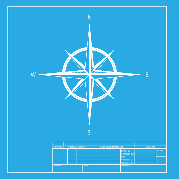Wind rose sign. White section of icon on blueprint template. - Vector, afbeelding