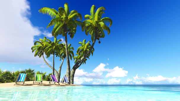 Strand und Palmen blauer Himmel Wolken 3D Rendering - Foto, Bild