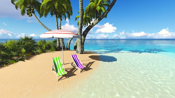 praia e palmas azul céu nuvens 3D renderização
 - Foto, Imagem
