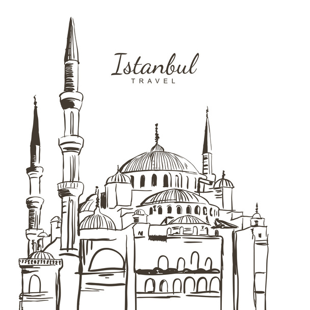 Vector hand drawn sketch illustration of Blue Mosque, Sultanahmet Camii. Istanbul architecture and landmarks, isolated on white background. Design concept for travel around Turkey. - Vector, imagen