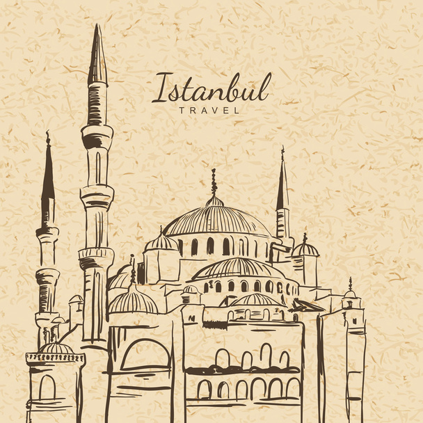 Vector illustration of Blue Mosque on vintage paper background. Sultanahmet Camii hand drawn sketch. Istanbul architecture and landmarks. Design concept for travel around Turkey. - Vektor, Bild