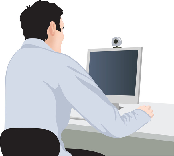 man, computer en webcam - Vector, afbeelding