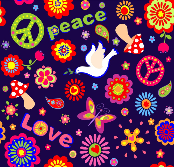 Childish wallpaper with colorful abstract flowers, hippie symbolic, mushrooms and dove - Vector, Image