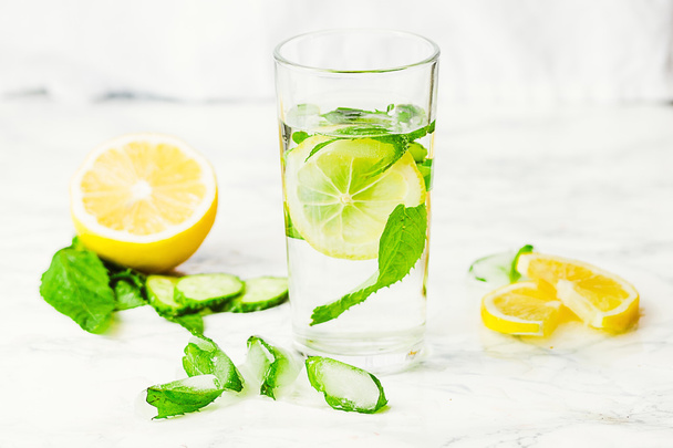 Lemonade with mint and ice in glass, morning, summer drink - Photo, Image