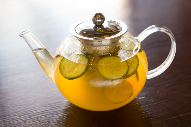 Transparent teapot on a table - Fotoğraf, Görsel