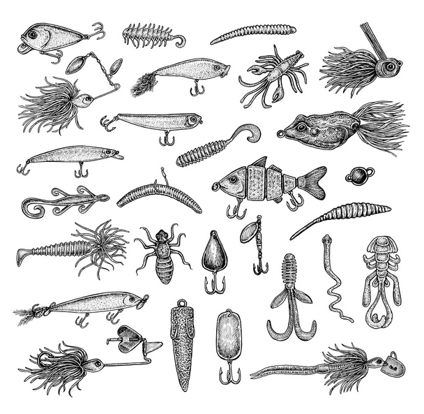 Set of black and white vintage sketchy style fishing lures. - Vector, afbeelding