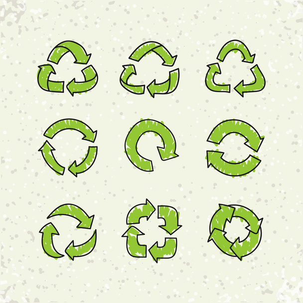 クラフト用紙の背景に分離されたスケッチ落書きベクトル リサイクル再利用マークのセット - ベクター画像