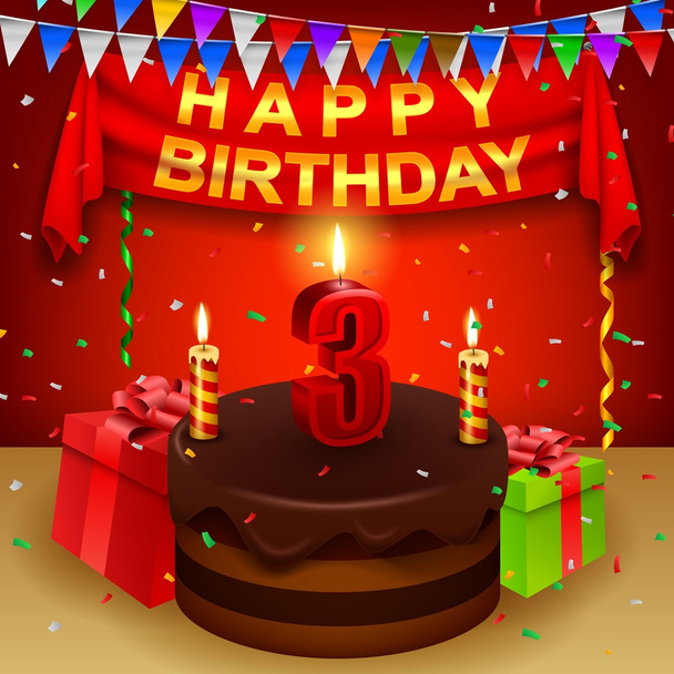 Joyeux 3e anniversaire avec gâteau à la crème au chocolat et drapeau triangulaire
 - Vecteur, image