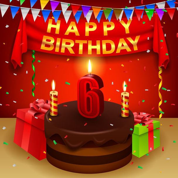 Joyeux 6e anniversaire avec gâteau au chocolat et drapeau triangulaire
 - Vecteur, image