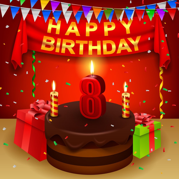 Feliz octavo cumpleaños con pastel de crema de chocolate y bandera triangular
 - Vector, Imagen