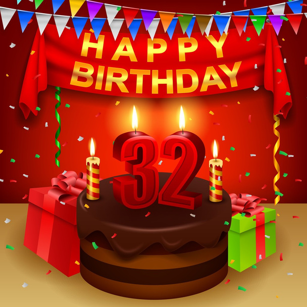 Gelukkig 32e verjaardag met chocolade crème taart en driehoekige vlag - Vector, afbeelding