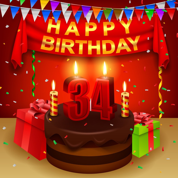Hyvää 34th syntymäpäivää suklaa kerma kakku ja kolmiomainen lippu
 - Vektori, kuva