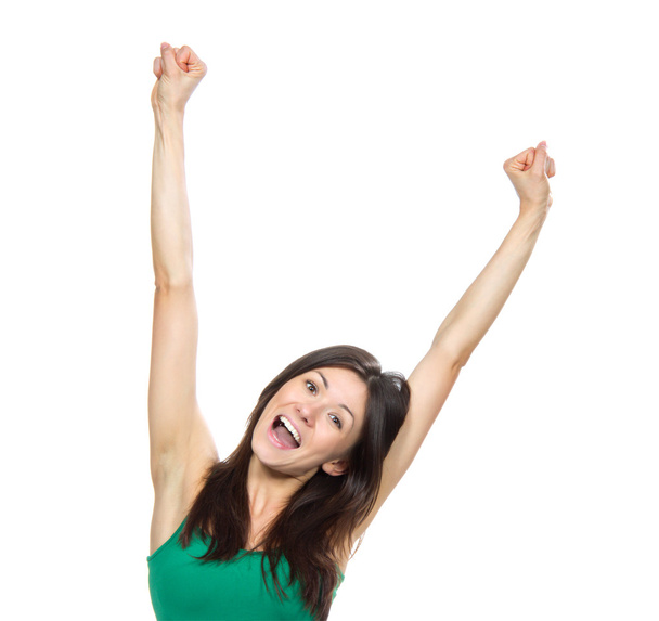 Young pretty woman hold hands up raised arms scream yelling - Φωτογραφία, εικόνα