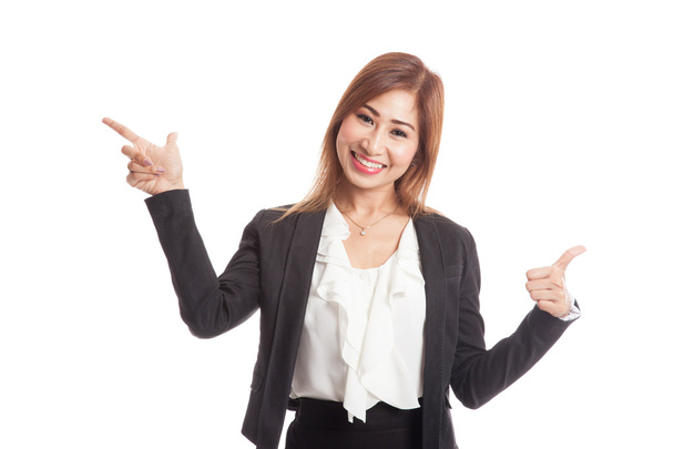 Young Asian business woman point and thumbs up - Fotó, kép