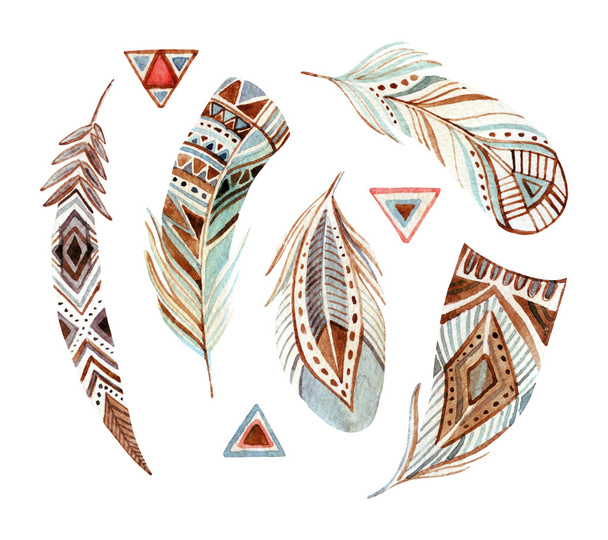 watercolor tribal feather set in natural colors - Photo, Image