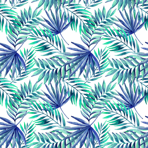Watercolor tropical leaves seamless pattern - Fotoğraf, Görsel
