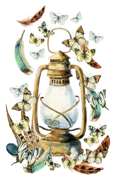 Akvarell vintage lámpa madár toll és a pillangó - Fotó, kép
