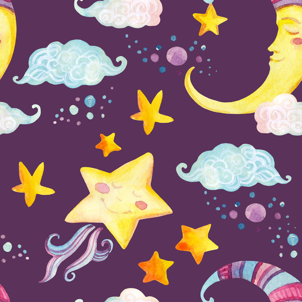 Акварельна казка безшовний візерунок з чарівним сонцем, місяцем, милою маленькою зіркою і казковими хмарами
 - Фото, зображення