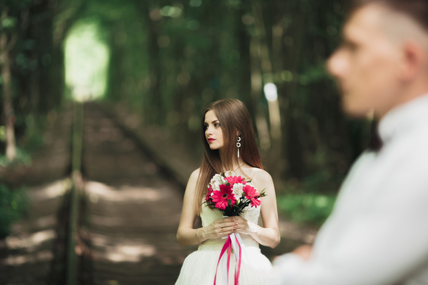 Closeup portrait of beautiful bride with wedding bouquet isolated at green natural summer field background - Photo, image