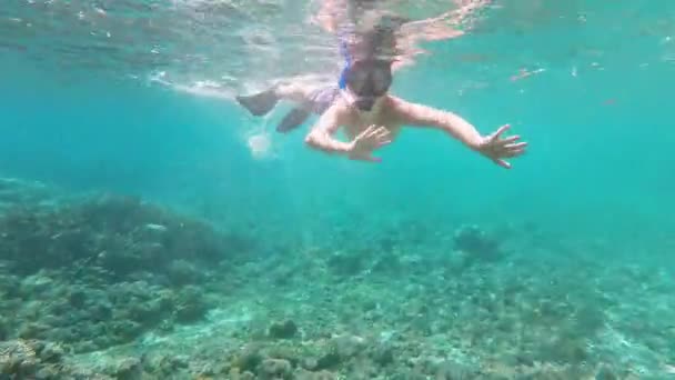 Filmagem subaquática de um jovem menino snorkeling
 - Filmagem, Vídeo