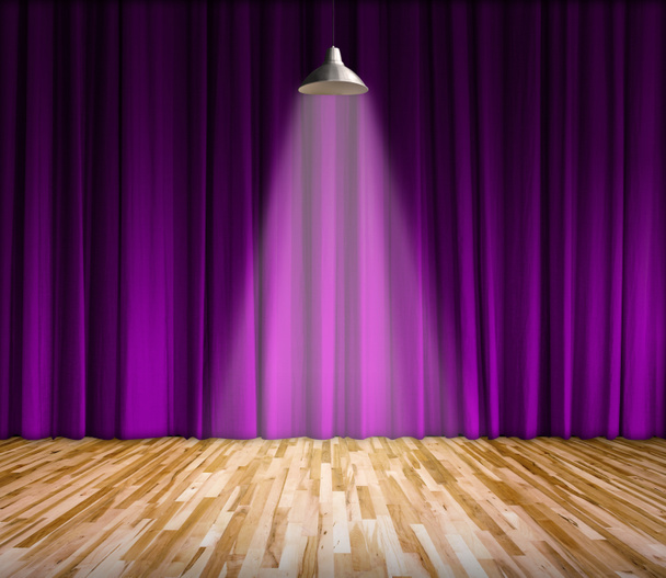 Lamp with lighting on stage. Lamp with purple curtain and wooden floor interior background.  - Photo, Image