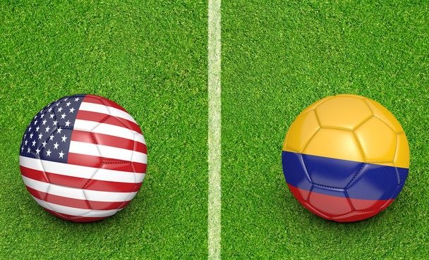 Zespół piłki dla Stanów Zjednoczonych przeciwko Kolumbii turniej piłkarski mecz, renderowania 3d - Zdjęcie, obraz