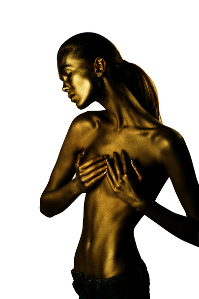 Golden female body isolated on white - Fotografie, Obrázek