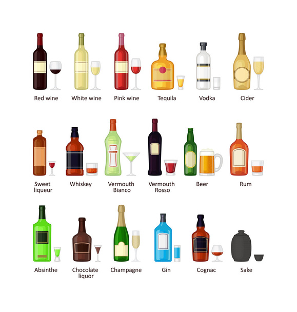 Набор различных бутылок алкогольных напитков
 - Вектор,изображение