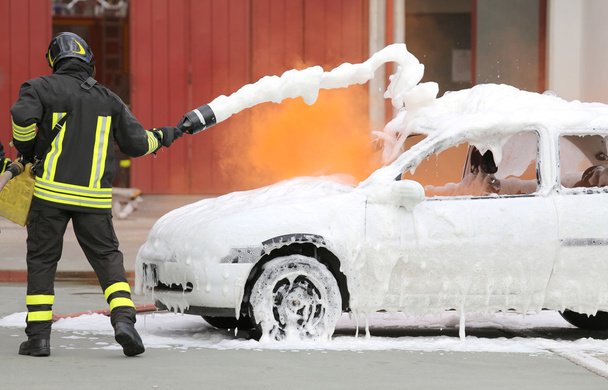 firefighters during exercise to extinguish a fire in a car - Zdjęcie, obraz