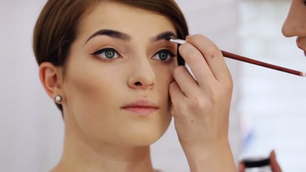 Primer plano del brazo femenino del artista del maquillaje dibujando una forma de las cejas usando el cepillo cosmético
 - Metraje, vídeo