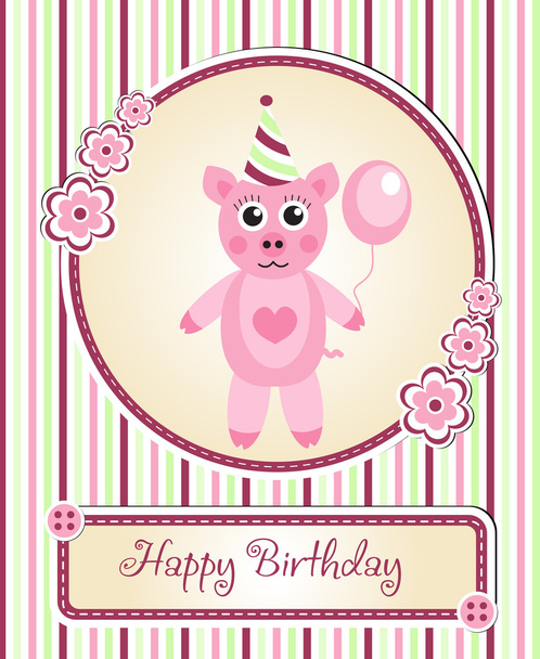 greeting template cute children's birthday party, cartoon pig - Vector, Image