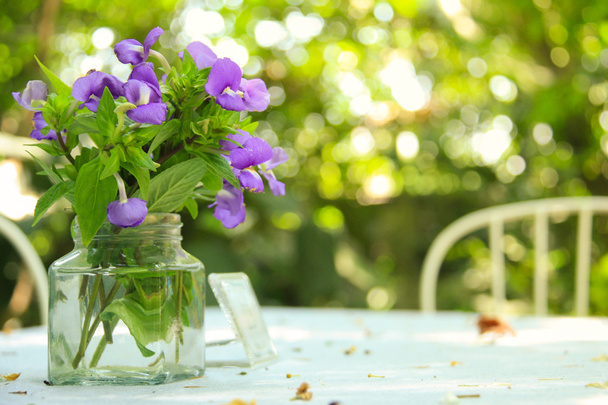 Flores púrpuras sobre mesa de madera blanca
 - Foto, Imagen