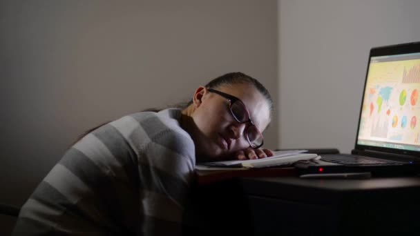 Sleepy exhausted woman working at home with her laptop, her eyes are closing and she is about to fall asleep, sleep deprivation and overtime working concept - Кадры, видео