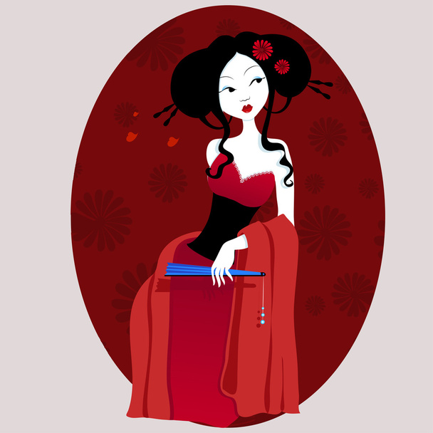 illustration of a beautiful geisha in red dress. very gentle and passionate. - Vecteur, image