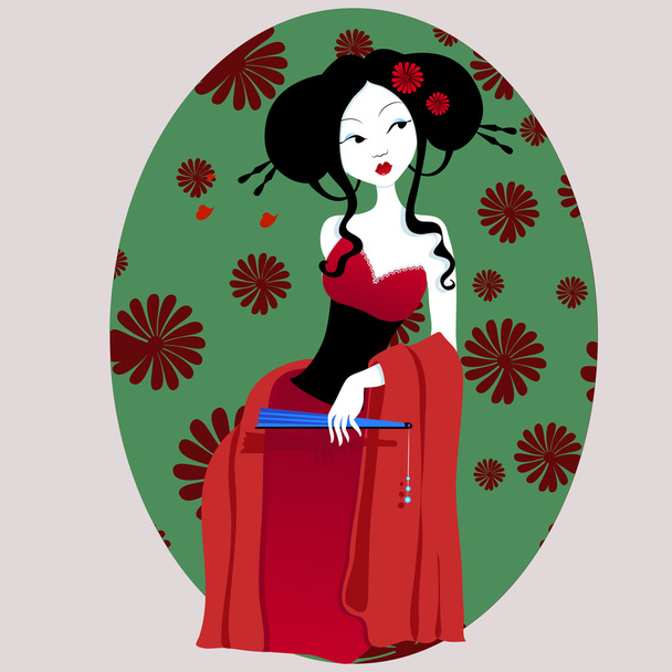 illustration of a beautiful geisha in red dress. very gentle and passionate. - Vektor, Bild