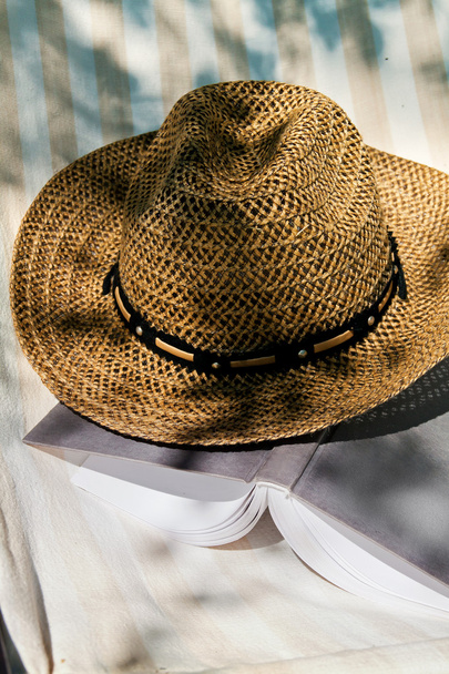 Book and straw hat on deckchair - Photo, image