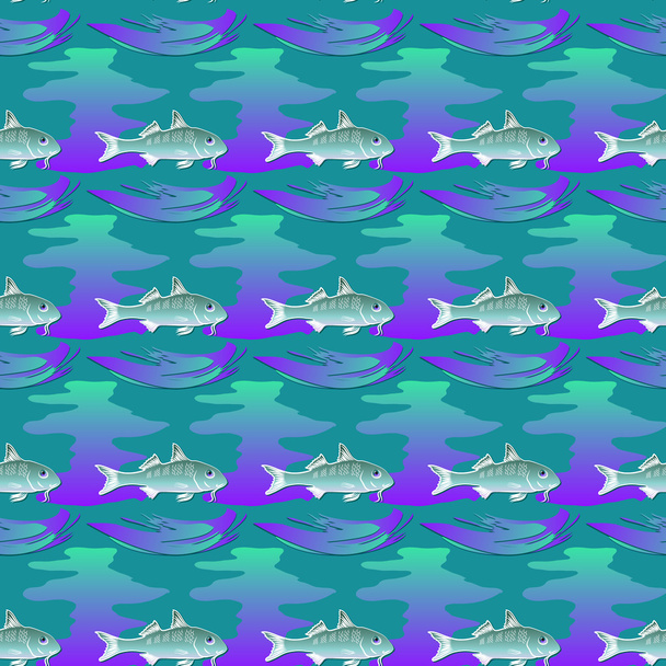 Seamless textures  marine ornament with fishes and waves on aqua - Vector, Image