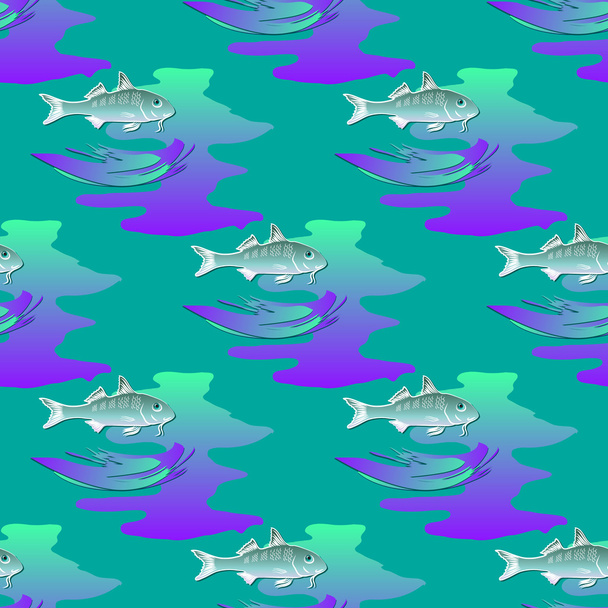 Seamless textures marine ornament with fishes and waves. - Vector, Image