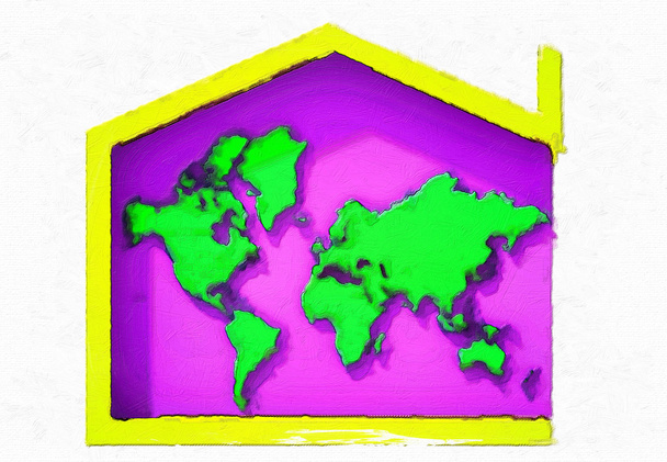 Mapa de color 3D Tierra con símbolo de la casa
 - Foto, Imagen