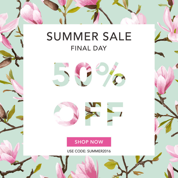 Summer Sale Banner. Sale Background. Floral Background. Magnolia Sale Poster. Vector Illustration. 50 % off - Wektor, obraz